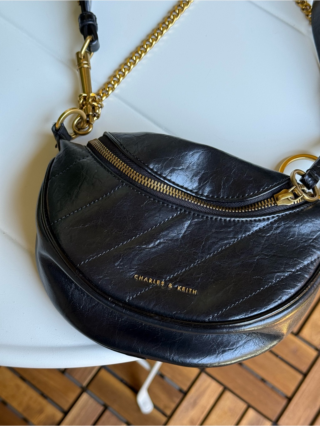 Charles & Keith Black Quilted Crescent Bag With Gold Chain Detail
